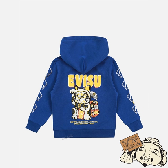 Kids Evisu FORTUNE CAT WITH DARUMA PRINT HOODED SWEATSHIRT Bleu | 264BLPRJC