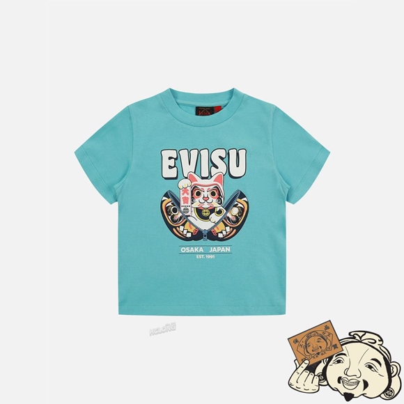 Kids Evisu ZIP-UP DARUMA AND FORTUNE CAT PRINT T-SHIRT Bleu | 025AZUWMX