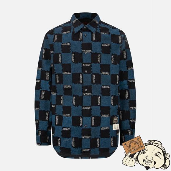 Men Evisu ALLOVER CHECK PATTERN PRINT OXFORD SHIRT Indigo | 096RPODMF