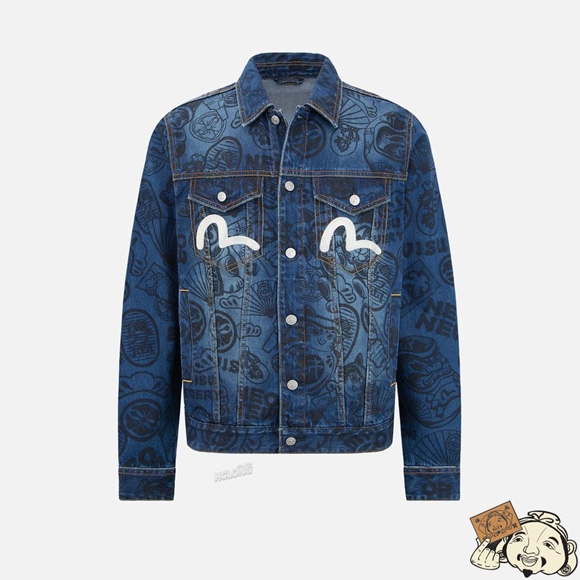 Men Evisu ALLOVER EVISU SQUAD DISCHARGE-PRINT DENIM JACKET Indigo | 812AGVMPI