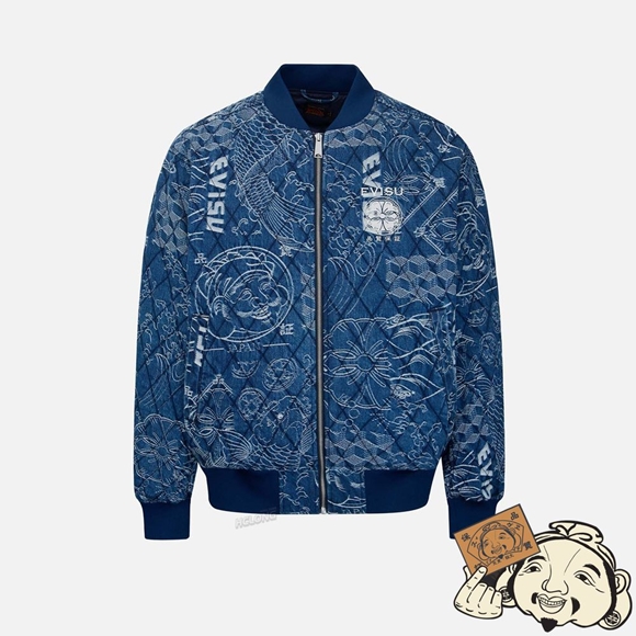 Men Evisu ALLOVER JAPANESE-PATTERN JACQUARD QUILTED BOMBER JACKET Indigo | 091PNVMFY