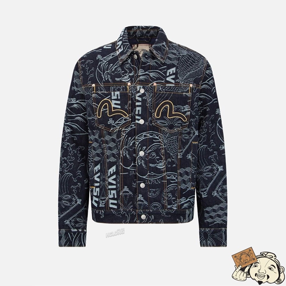 Men Evisu ALLOVER JAPANESE PATTERN JACQUARD DENIM JACKET Indigo | 235KTRYMX