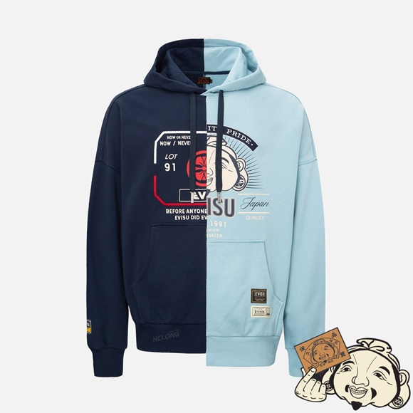 Men Evisu ASYMMETRIC TWO-TONE HOODED SWEATSHIRT Bleu Marine | 703BRYWCM