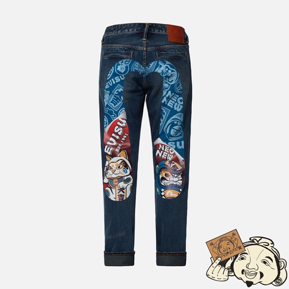 Men Evisu DAICOCK WITH TEAR-OFF POSTER PRINT CARROT-FIT JEANS #2017 Indigo | 908VODUEP