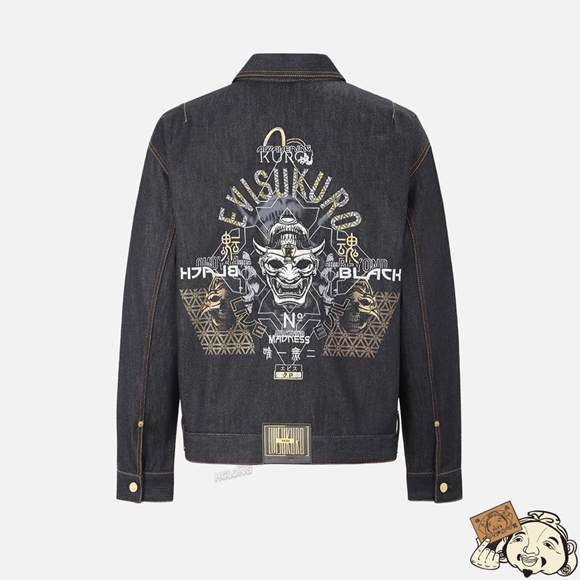 Men Evisu HANNYA AND LOGO EMBROIDERED DENIM JACKET Indigo | 679ZHYIRU