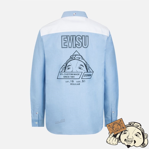 Men Evisu HIDE-AND-SEEK GODHEAD PRINT OXFORD SHIRT Bleu | 068HNJFDW