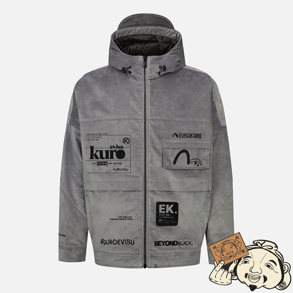 Men Evisu KAMON AND LOGO PATCH HOODED JACKET Grise | 740EALFVP
