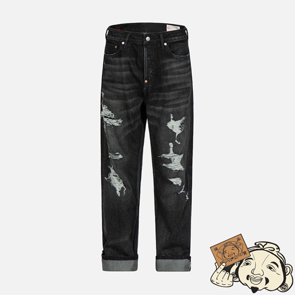 Men Evisu LOGO PRINT LOOSE-FIT DISTRESSED DENIM JEANS Noir | 264GZHJTQ