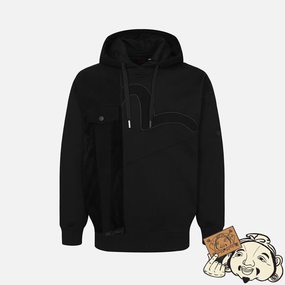 Men Evisu SEAGULL APPLIQUÉ PATCHWORK HOODED SWEATSHIRT Noir | 456UFRSJE