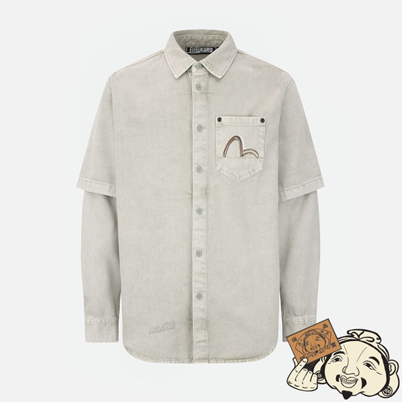 Men Evisu SEAGULL EMBROIDERY MOCK 2-IN-1 OXFORD SHIRT Kaki | 708HRSNYK