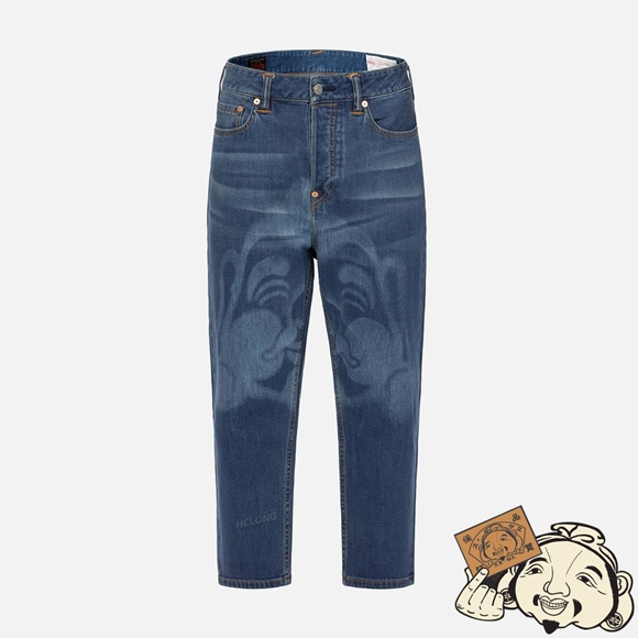 Men Evisu STENCIL GODHEAD DISCHARGED PRINT CROPPED-FIT JEANS #2027 Indigo | 278AZVUOX
