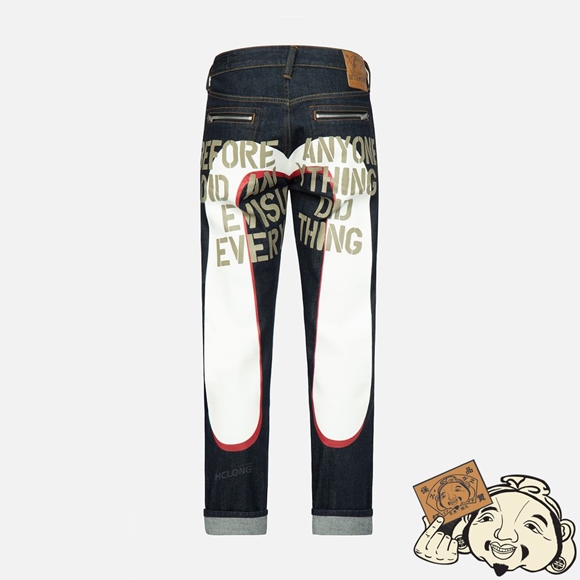 Men Evisu STENCIL SLOGAN AND LAYERED DAICOCK PRINT CARROT-FIT JEANS #2017 Indigo | 064ZBKTPM
