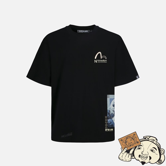 Men Evisu “THE GREAT WAVE” MOTIF AND LOGO PRINT T-SHIRT Noir | 914LZMSAF