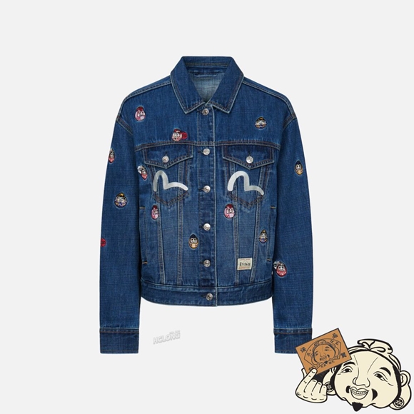 Women Evisu ALLOVER DARUMA EMBROIDERED DENIM JACKET Indigo | 042JRSXLH