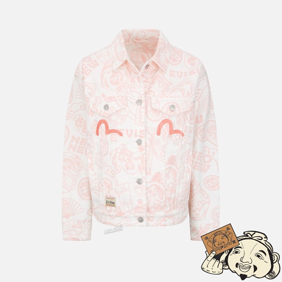 Women Evisu ALLOVER EVISU SQUAD DISCHARGE-PRINT DENIM JACKET Rose | 527HQZGPA