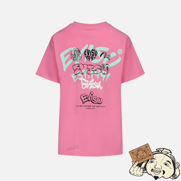 Women Evisu Graffiti Logo and Daruma Print Boyfriend T-shirt Rose | 083BGWJRS