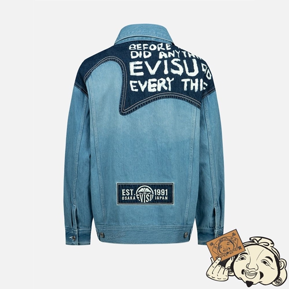 Women Evisu SEAGULL EMBROIDERY AND SLOGAN-PRINT BLOCKING DENIM JACKET Indigo | 307UOKPHJ