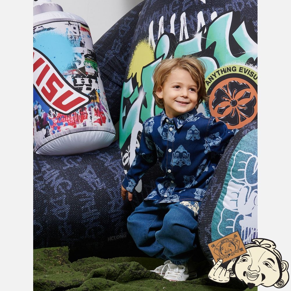 Kids Evisu ALLOVER GODHEAD PRINT DENIM SHIRT Indigo | 572KRNHDM