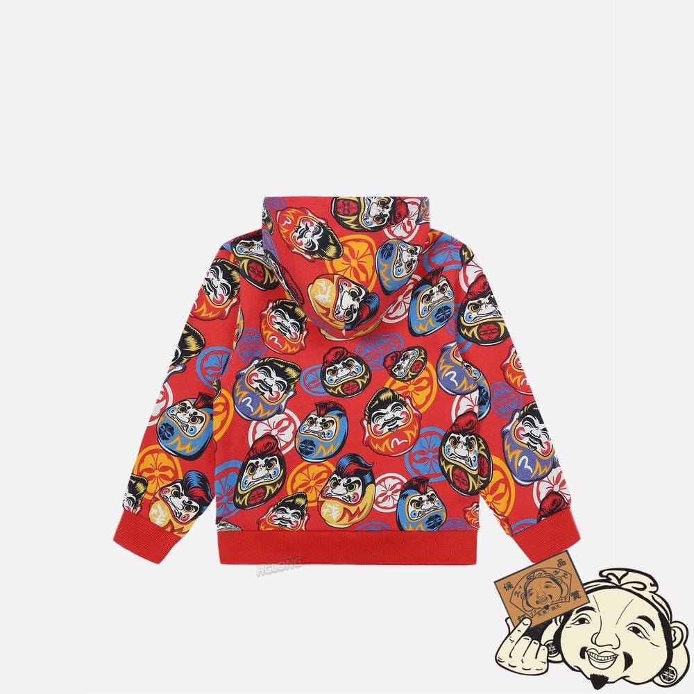 Kids Evisu ALLOVER POMPADOUR DARUMA PRINT HOODED SWEATSHIRT Rouge | 503XMSRAW