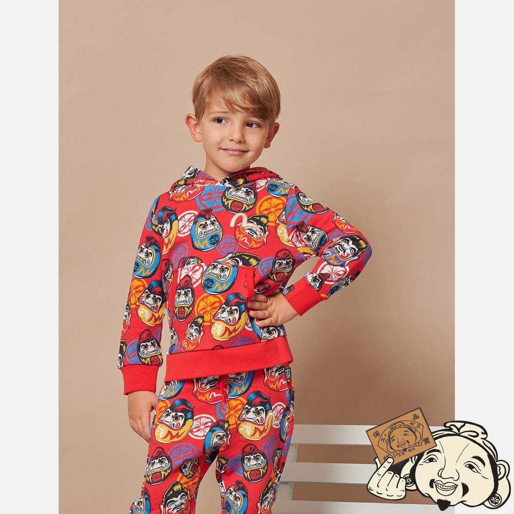 Kids Evisu ALLOVER POMPADOUR DARUMA PRINT HOODED SWEATSHIRT Rouge | 503XMSRAW