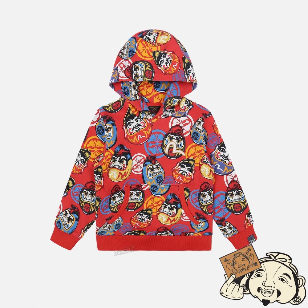 Kids Evisu ALLOVER POMPADOUR DARUMA PRINT HOODED SWEATSHIRT Rouge | 503XMSRAW
