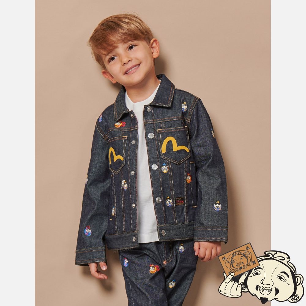 Kids Evisu ALLOVER POMPADOUR DARUMA PRINT DENIM JACKET Indigo | 578DLOMYR