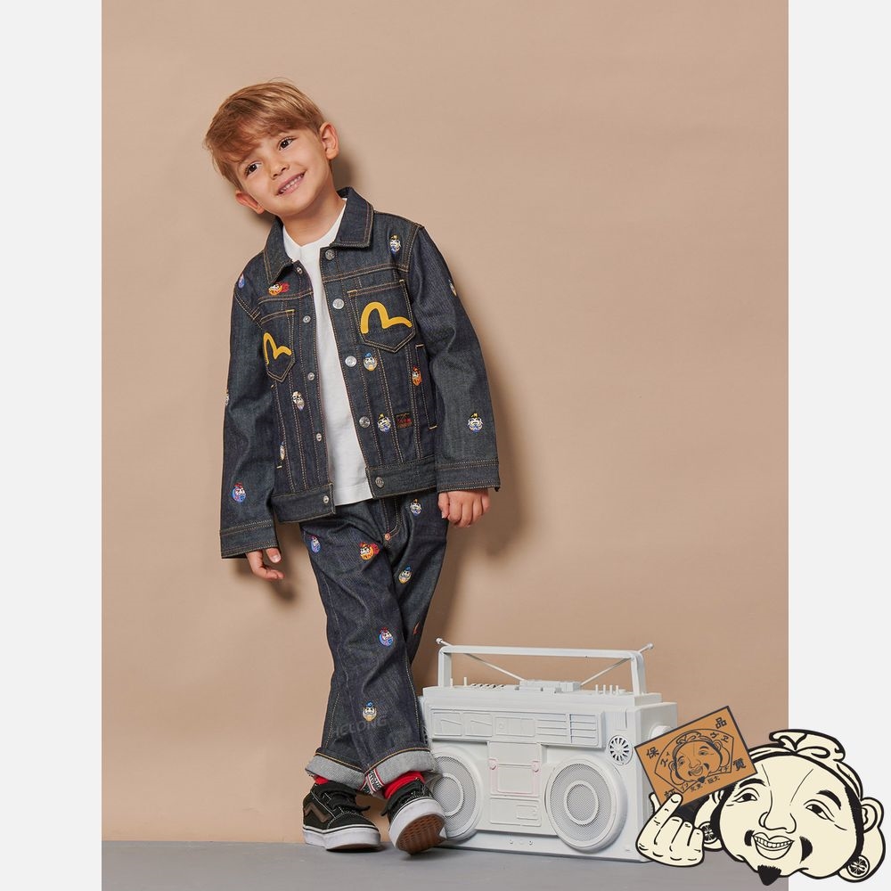 Kids Evisu ALLOVER POMPADOUR DARUMA PRINT DENIM JACKET Indigo | 578DLOMYR