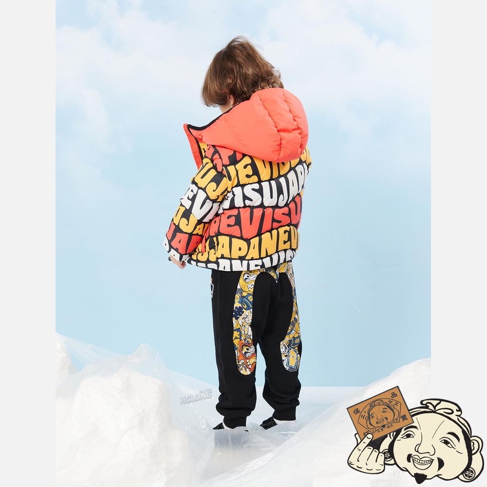 Kids Evisu ALLOVER WAVEY LOGO PRINT DOWN JACKET Orange | 829MVYQXL