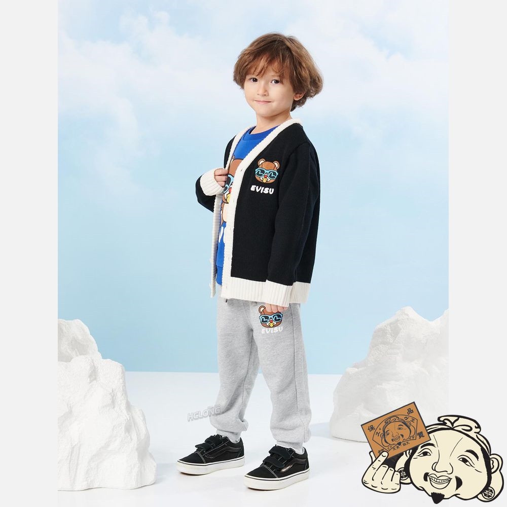 Kids Evisu BEAR BADGE WOOL CARDIGAN Noir | 843XPRBSJ