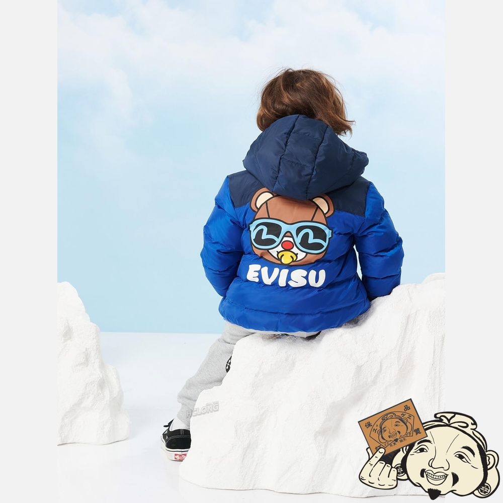 Kids Evisu BEAR PRINT COLORBLOCK DOWN JACKET Bleu | 613FHKBOX