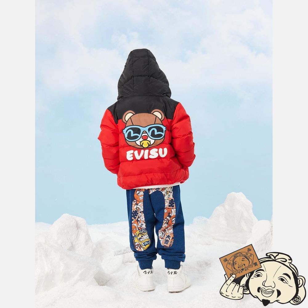 Kids Evisu BEAR PRINT COLORBLOCK DOWN JACKET Rouge | 912YCJGKR