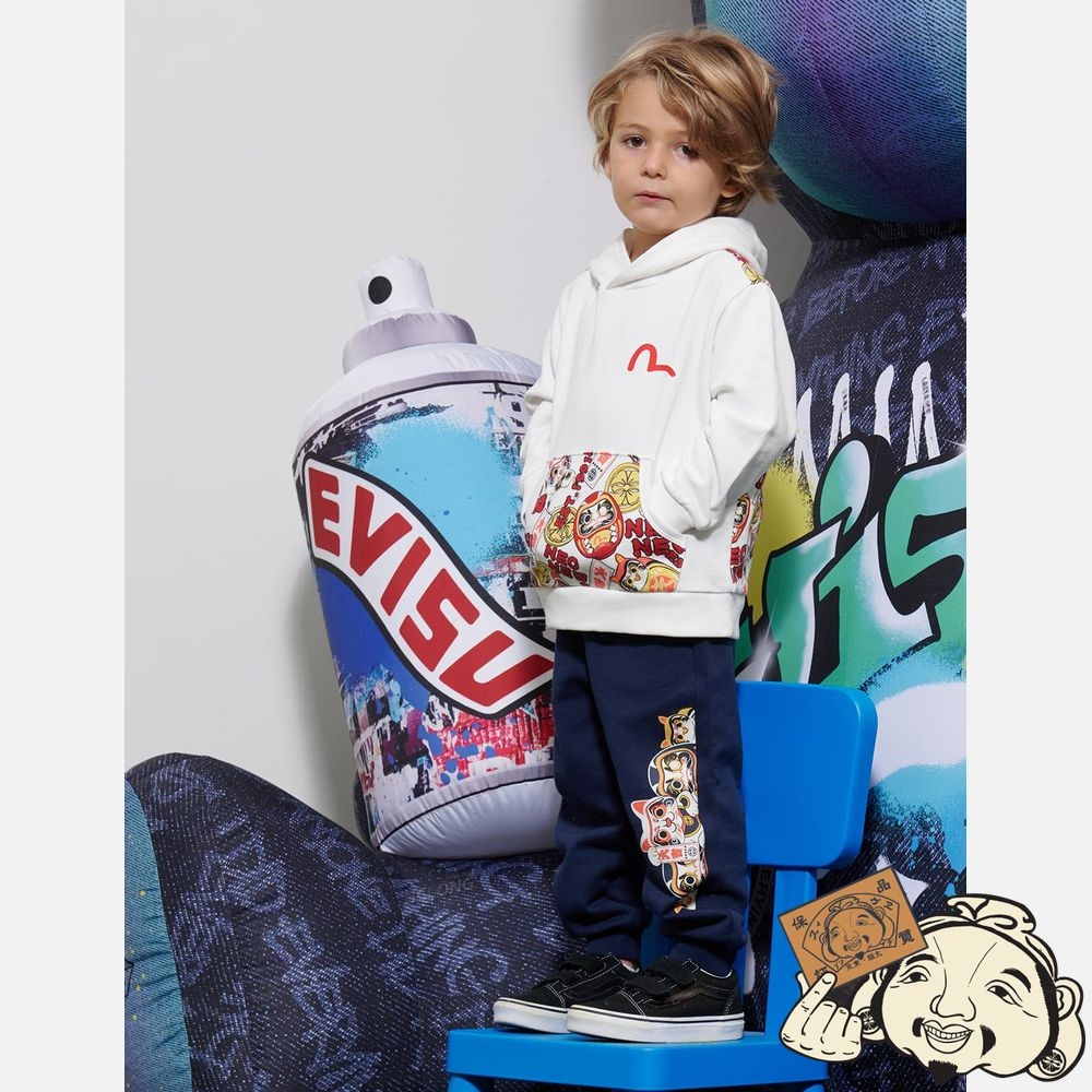 Kids Evisu DARUMA BUDDIES PRINT HOODIE Blanche | 126NGHQJY