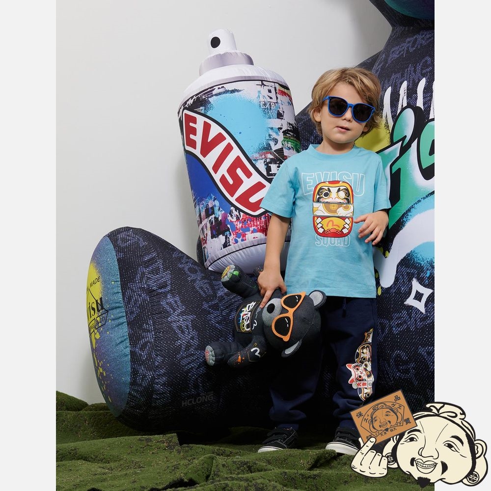 Kids Evisu DARUMA STACKING DOLL PRINT T-SHIRT Bleu | 428EAGDLQ