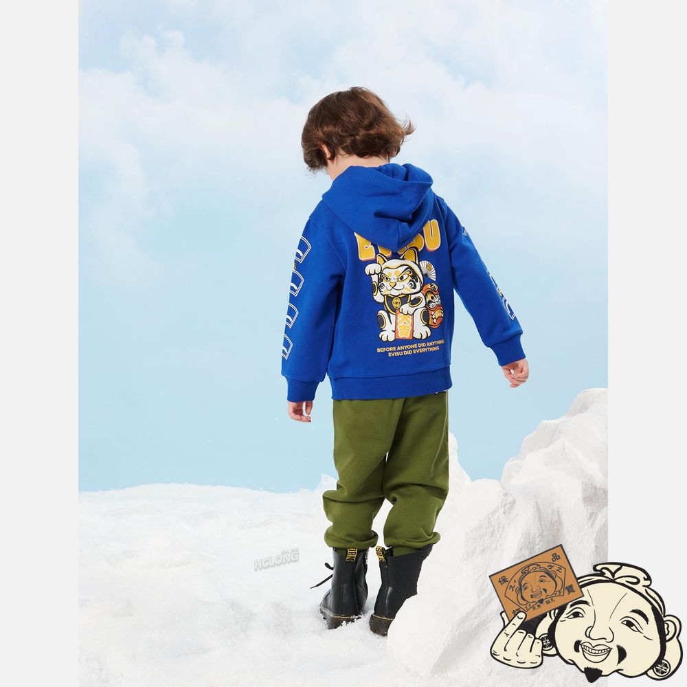 Kids Evisu FORTUNE CAT WITH DARUMA PRINT HOODED SWEATSHIRT Bleu | 264BLPRJC