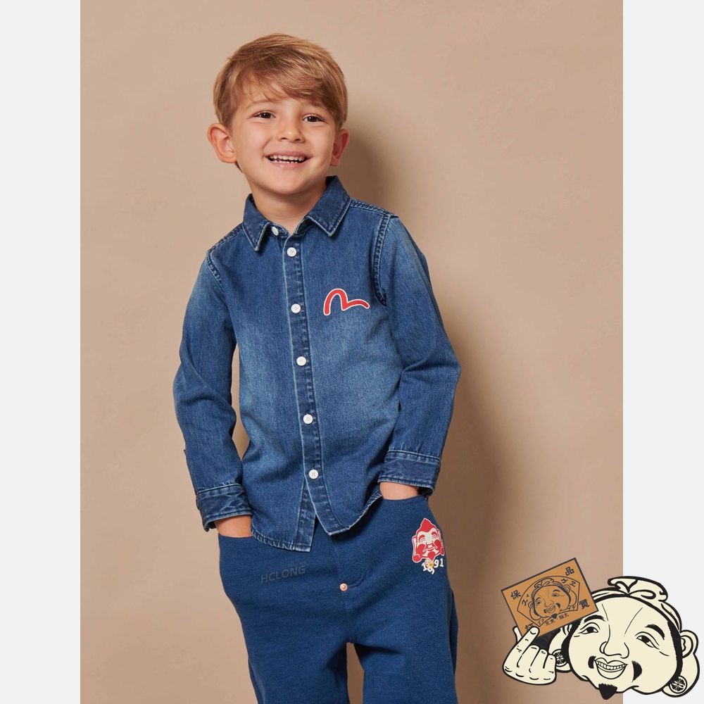 Kids Evisu GODHEAD PRINT DENIM SHIRT Indigo | 569PWDUMY