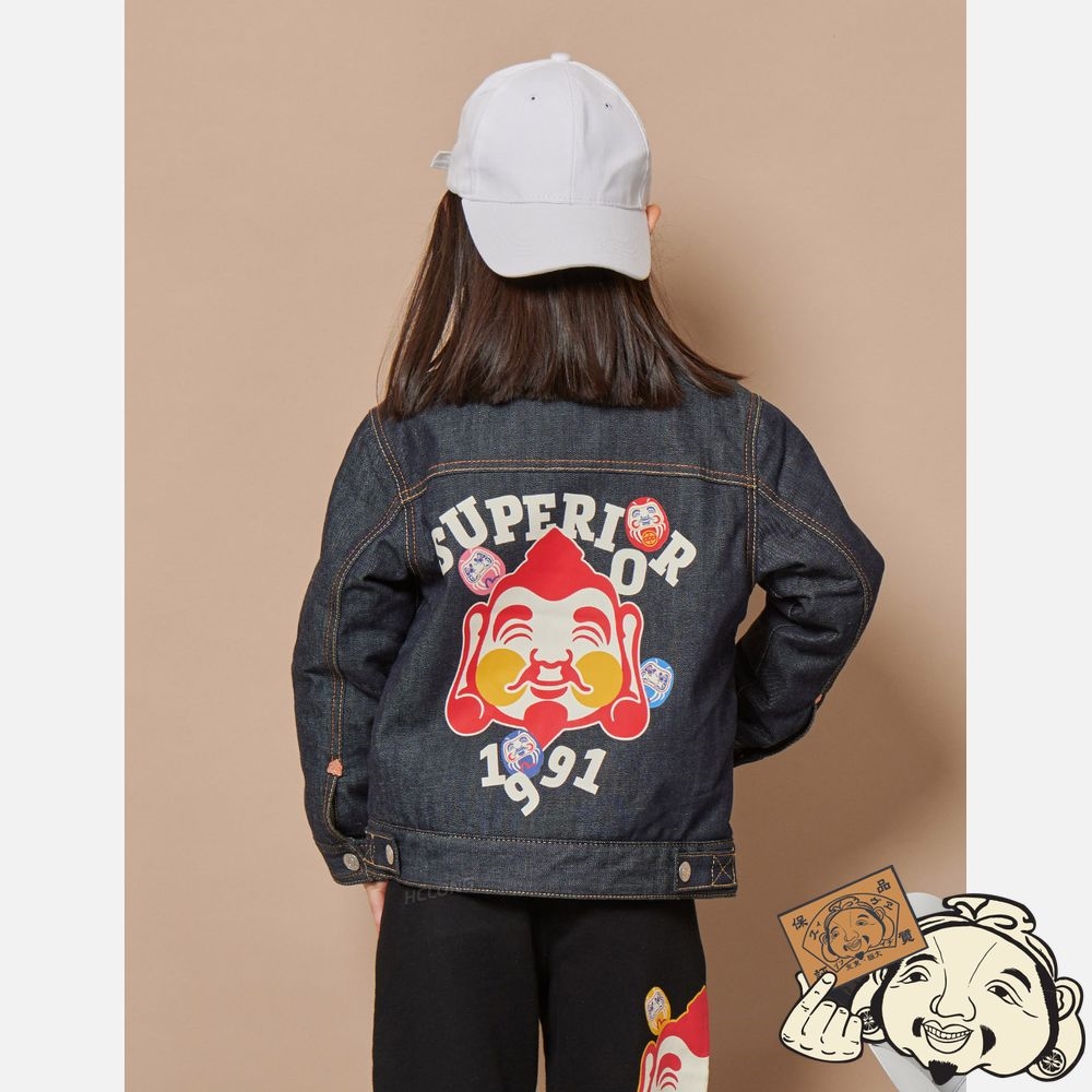 Kids Evisu GODHEAD PRINT FLEECE LINED DENIM JACKET Indigo | 287PIRQTD