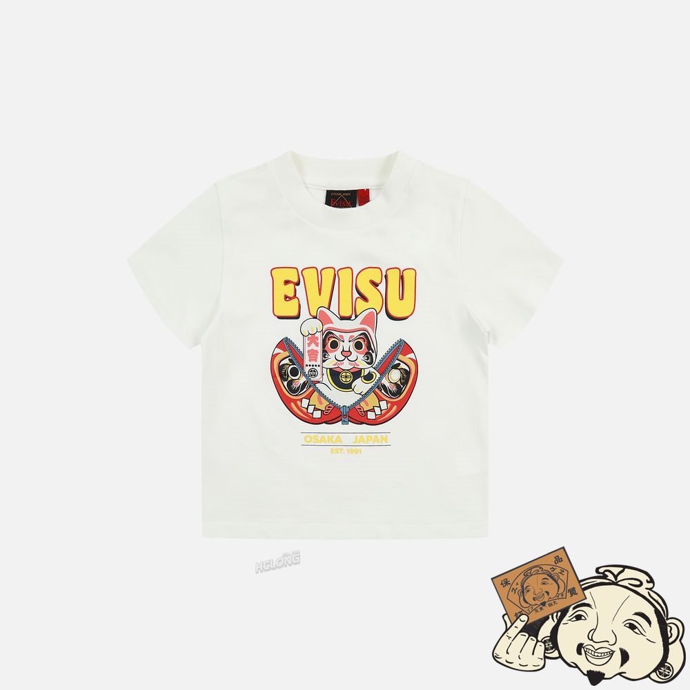 Kids Evisu ZIP-UP DARUMA AND FORTUNE CAT PRINT T-SHIRT Blanche | 279PFYBQX