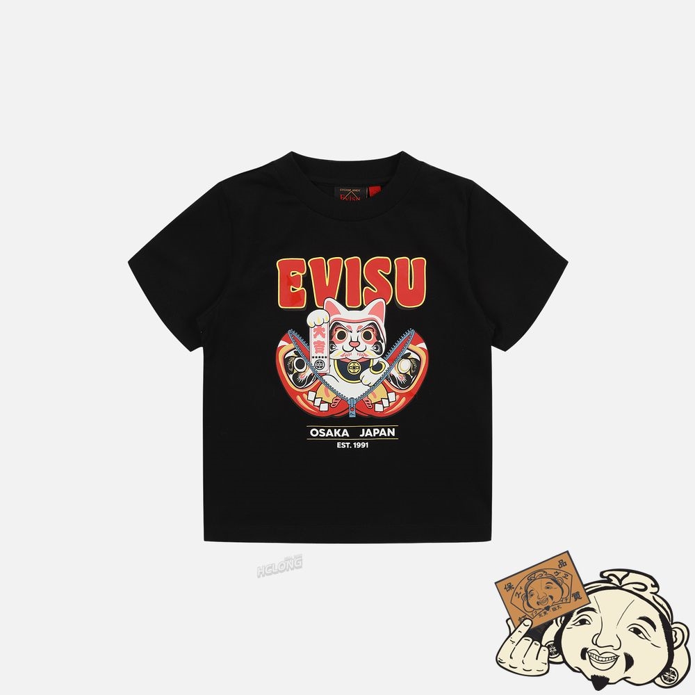 Kids Evisu ZIP-UP DARUMA AND FORTUNE CAT PRINT T-SHIRT Noir | 329VUIOTS