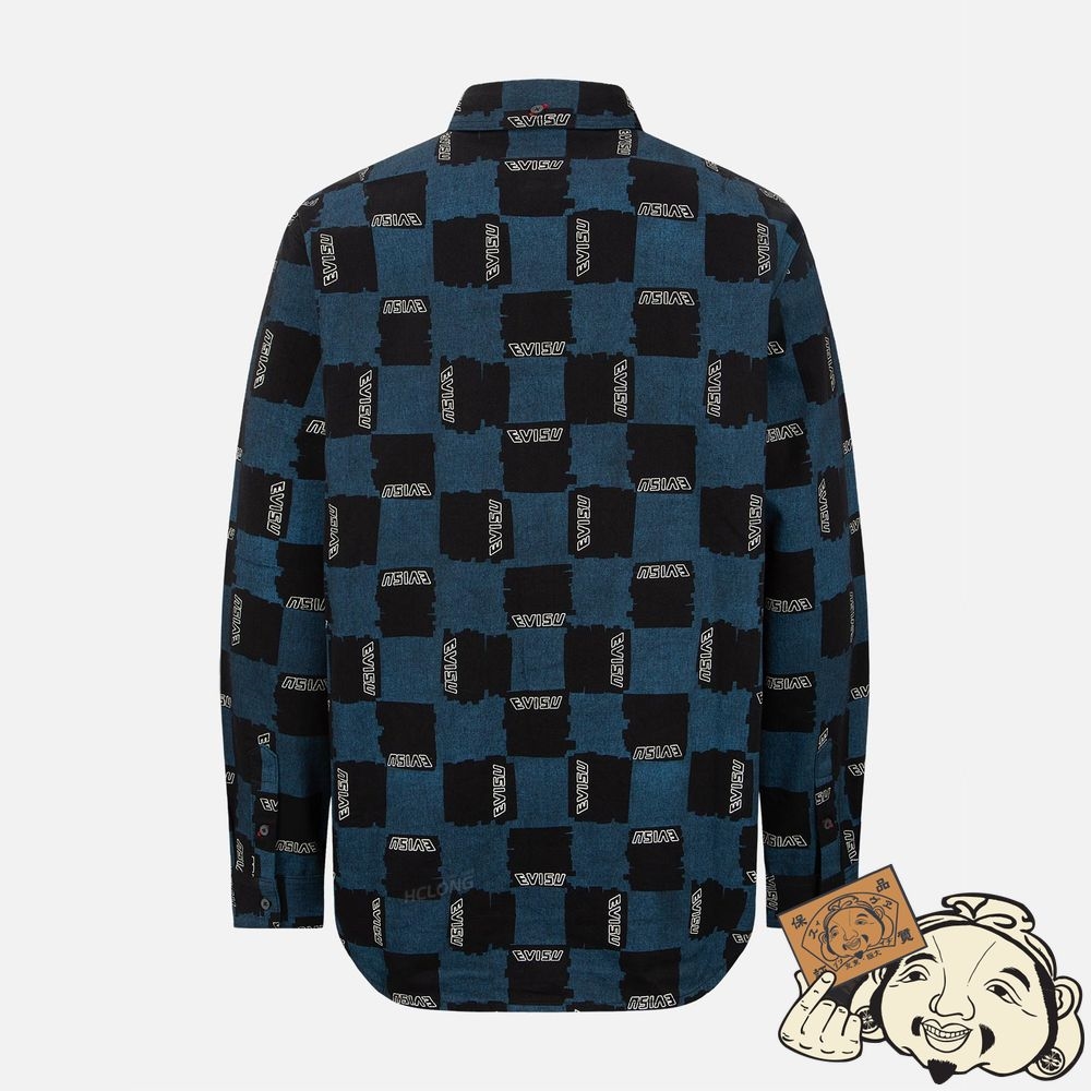 Men Evisu ALLOVER CHECK PATTERN PRINT OXFORD SHIRT Indigo | 096RPODMF