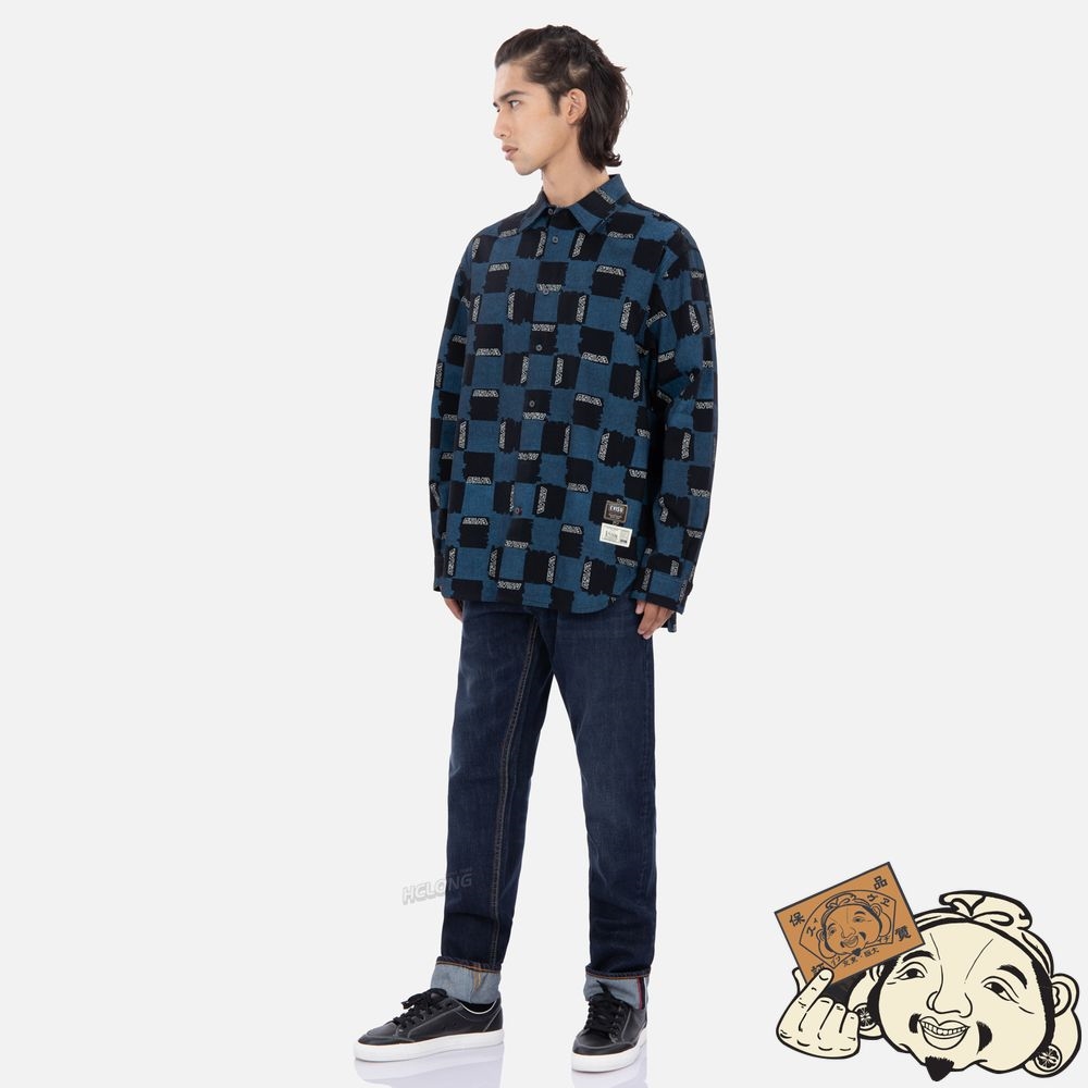 Men Evisu ALLOVER CHECK PATTERN PRINT OXFORD SHIRT Indigo | 096RPODMF