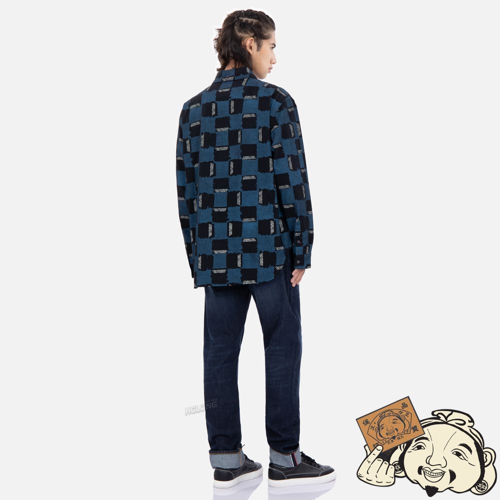 Men Evisu ALLOVER CHECK PATTERN PRINT OXFORD SHIRT Indigo | 096RPODMF