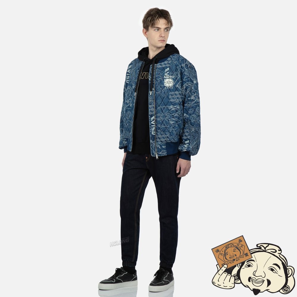 Men Evisu ALLOVER JAPANESE-PATTERN JACQUARD QUILTED BOMBER JACKET Indigo | 091PNVMFY