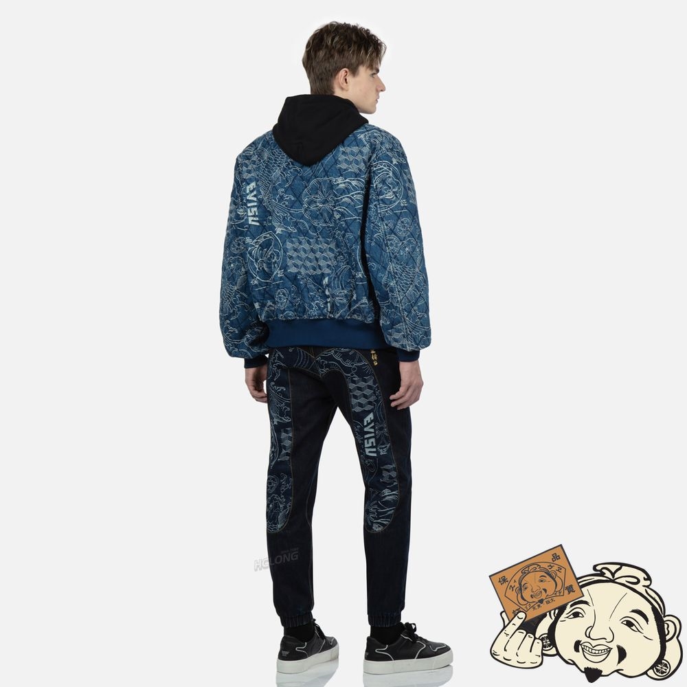 Men Evisu ALLOVER JAPANESE-PATTERN JACQUARD QUILTED BOMBER JACKET Indigo | 091PNVMFY