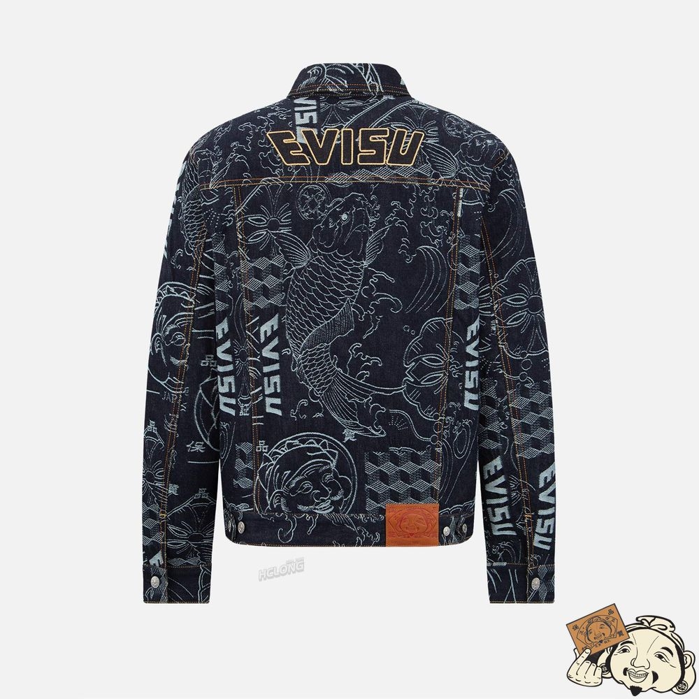 Men Evisu ALLOVER JAPANESE PATTERN JACQUARD DENIM JACKET Indigo | 235KTRYMX