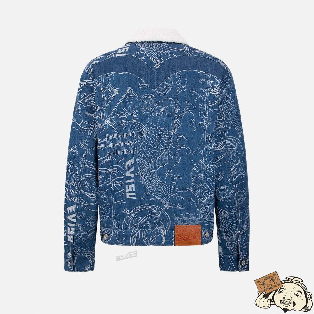 Men Evisu ALLOVER JAPANESE PATTERN JACQUARD SHERPA-LINED DENIM JACKET Indigo | 450KQMEIT