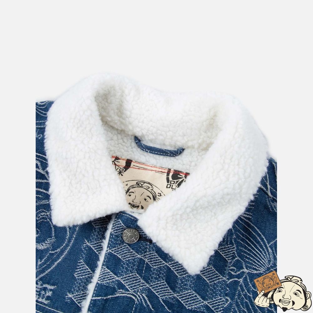 Men Evisu ALLOVER JAPANESE PATTERN JACQUARD SHERPA-LINED DENIM JACKET Indigo | 450KQMEIT
