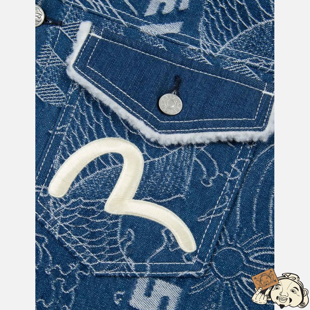 Men Evisu ALLOVER JAPANESE PATTERN JACQUARD SHERPA-LINED DENIM JACKET Indigo | 450KQMEIT