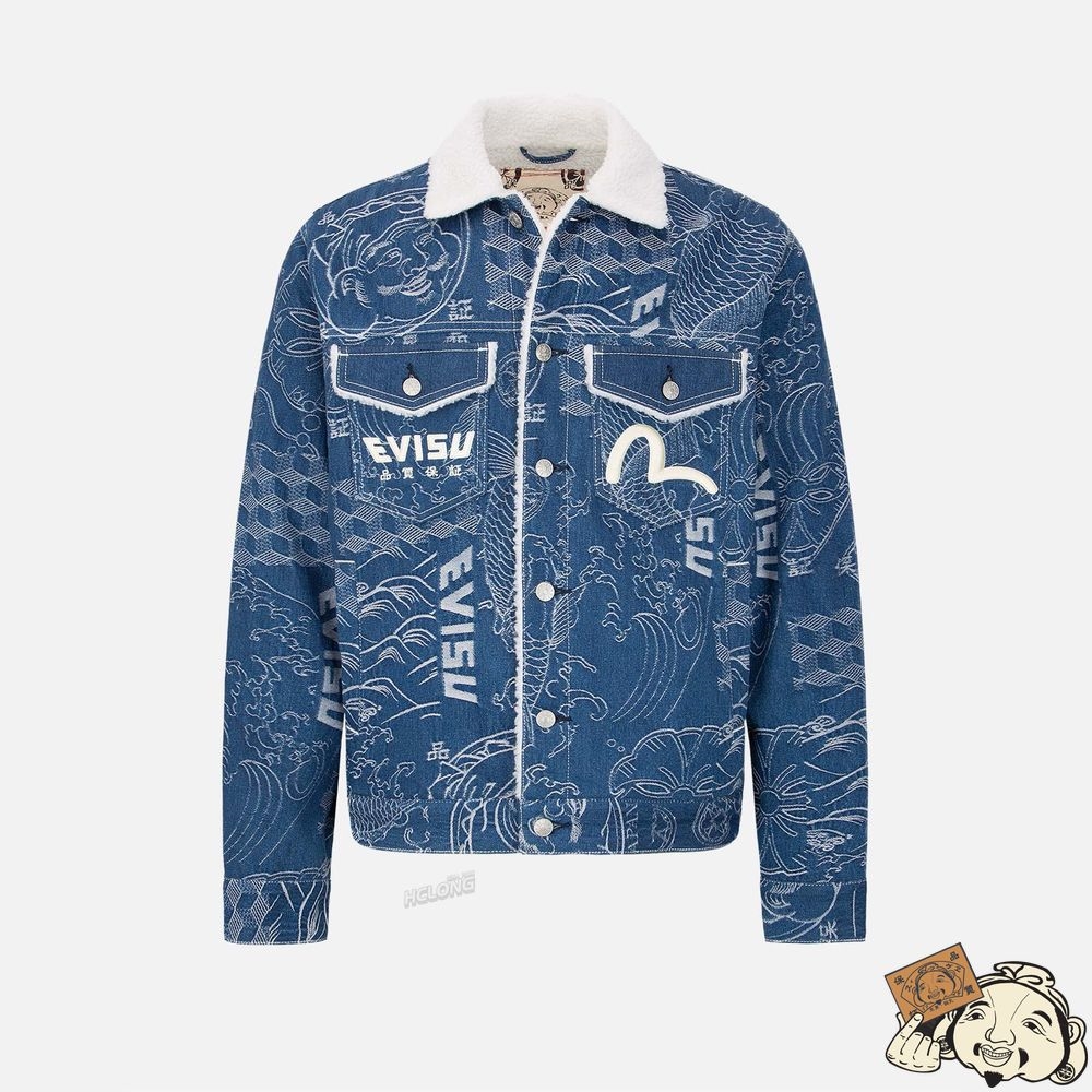 Men Evisu ALLOVER JAPANESE PATTERN JACQUARD SHERPA-LINED DENIM JACKET Indigo | 450KQMEIT