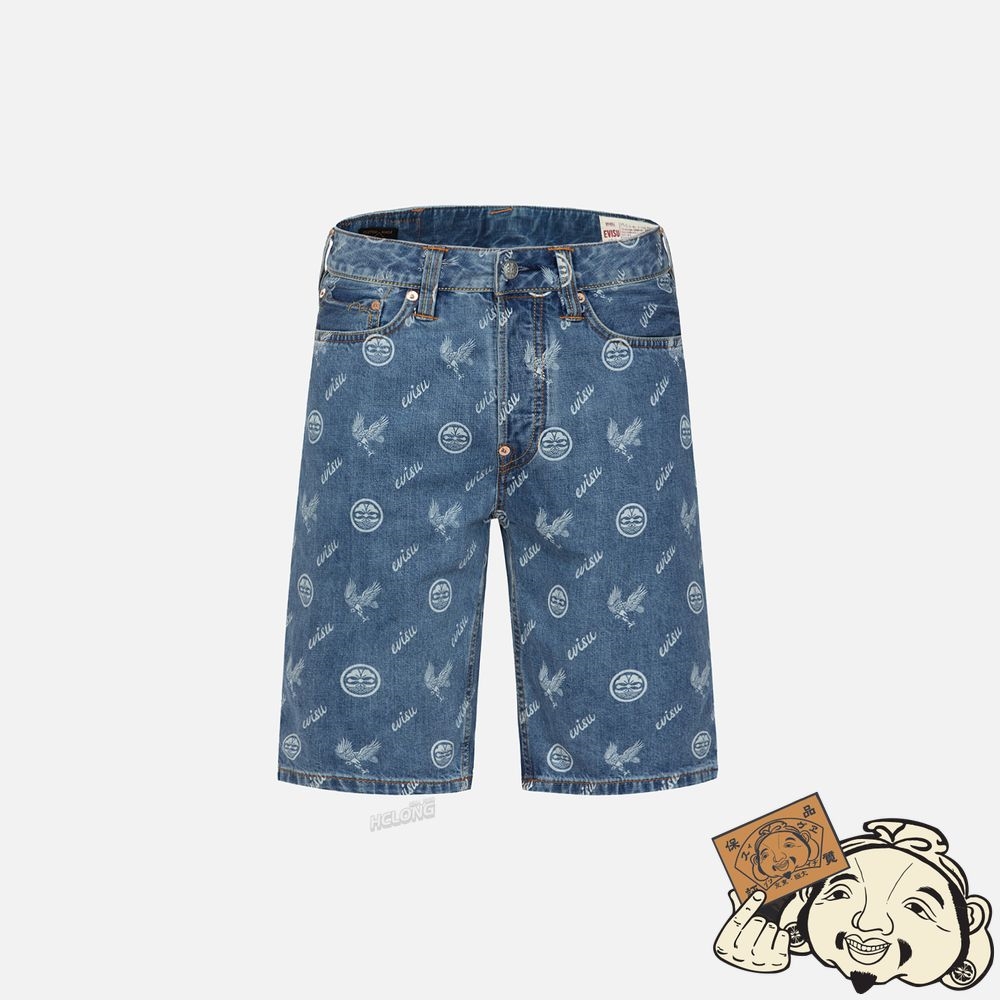 Men Evisu ALLOVER KAMON AND EAGLE PRINT DENIM SHORTS Indigo | 465AZELOT