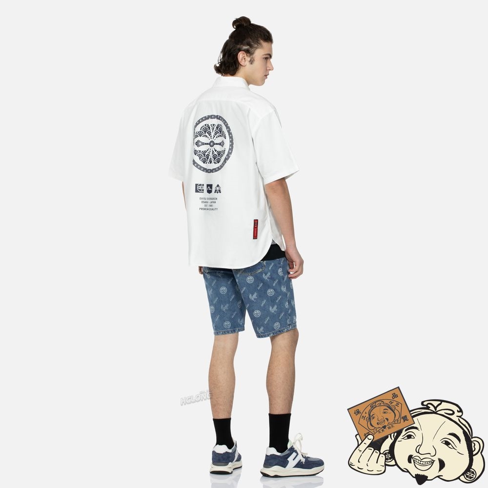 Men Evisu ALLOVER KAMON AND EAGLE PRINT DENIM SHORTS Indigo | 465AZELOT